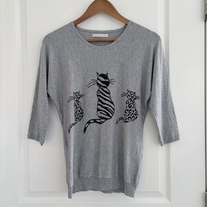 Armand Thiery Grey Cat Print Lightweight Sweater Small